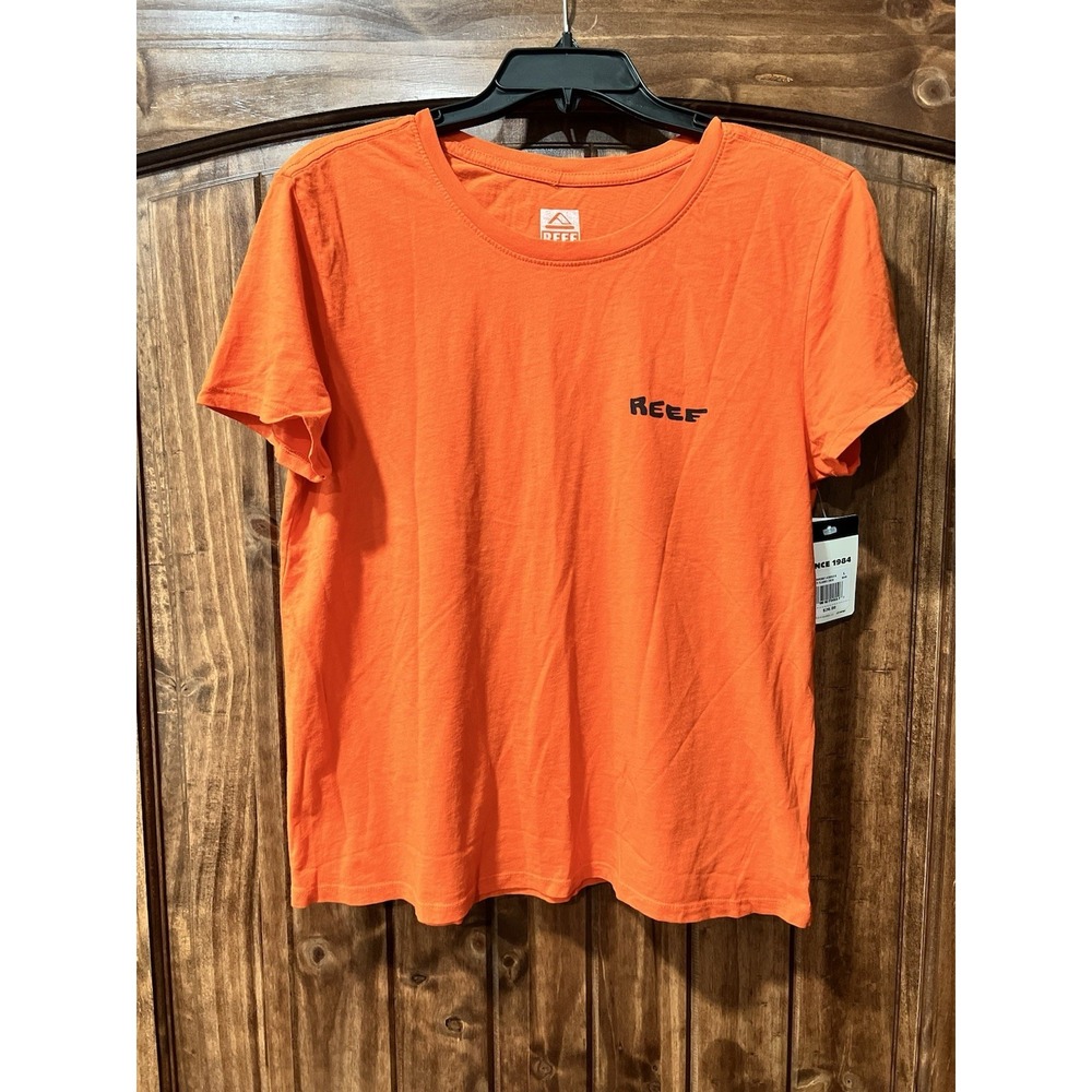 Reef Women's Orange With Black Shred Classic Crew T-Shirt Size Large NWT